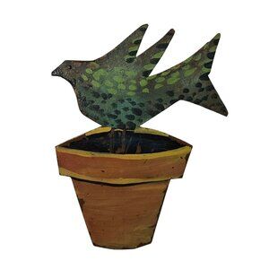 VTG Brooch Folk Art Metal Green Bird Flower Pot Hippy Whimsical Gardening Pin